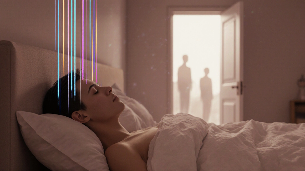 Абстрактное изображение человека в кровати с энергетическими линиями, выровненными по северу и югу.