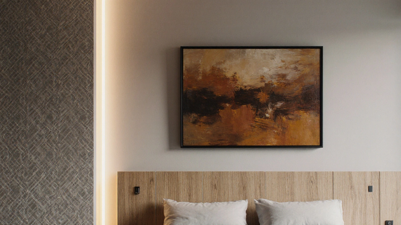 Акцентная стена с виниловыми обоями, деревянными панелями и большой картиной, освещенными мягким светом.