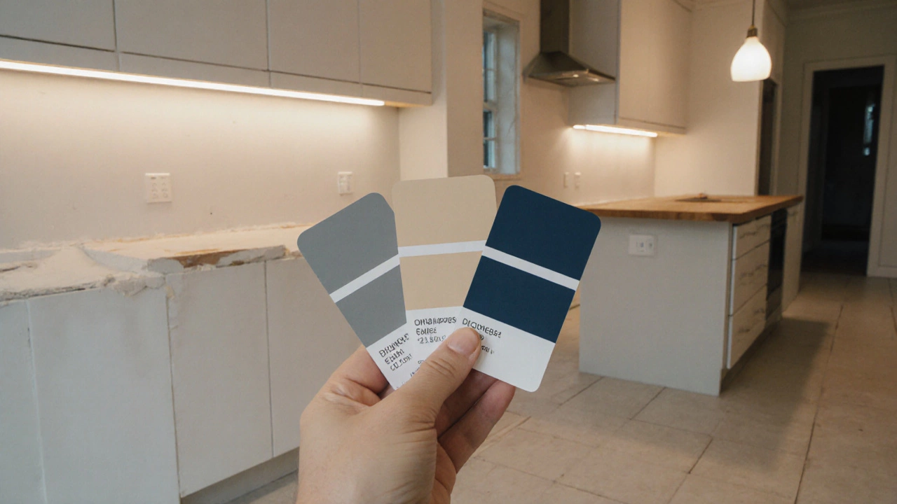 Человек пробует образцы краски на стене кухни, освещённой светодиодными лампами.