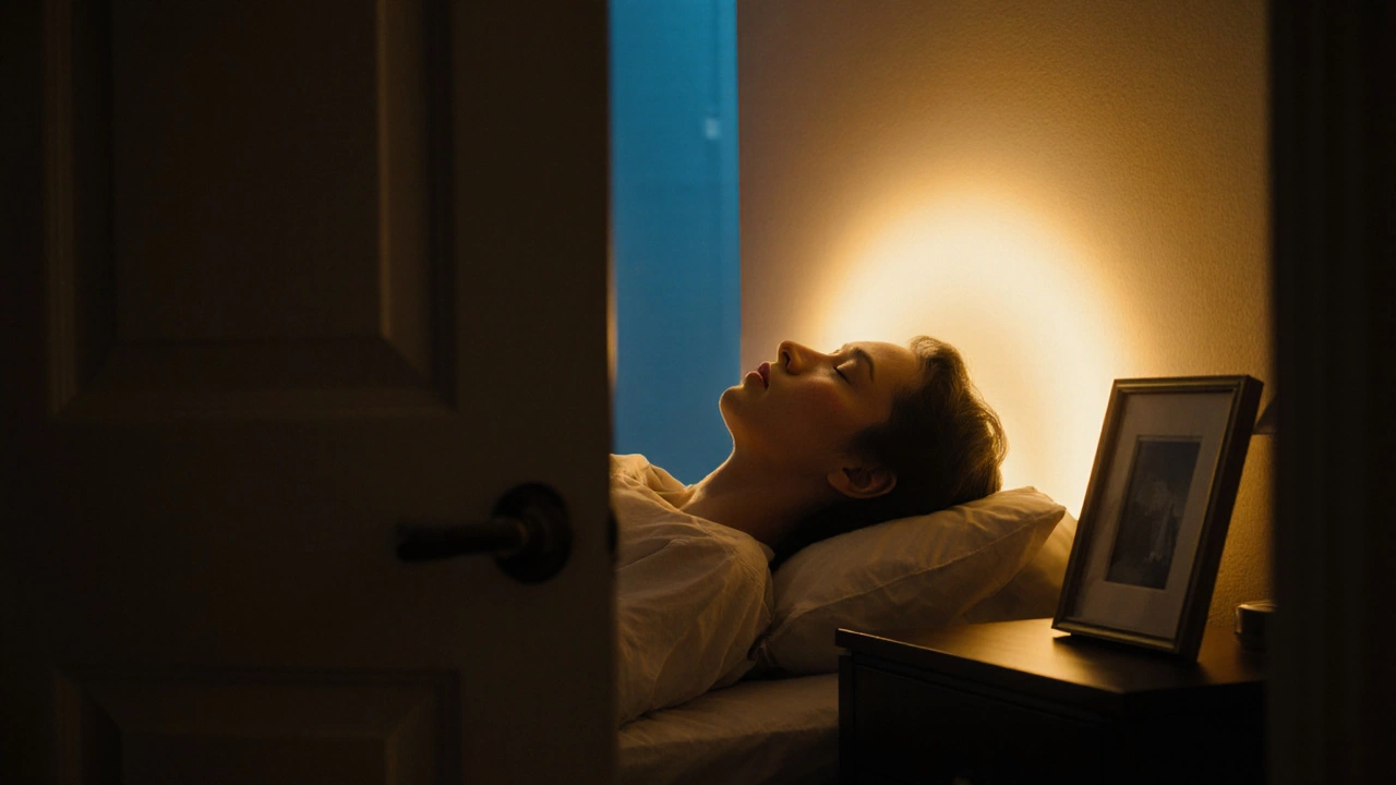 Человек спит спиной к двери, за головой — тёплый свет, тумба блокирует вид на вход.