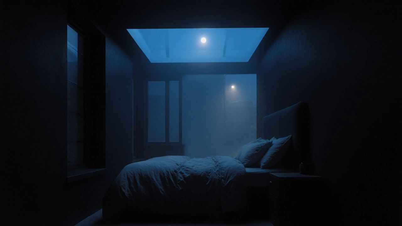 Чёрная спальня с минимальной мебелью, ощущение тяжести и отсутствия света.