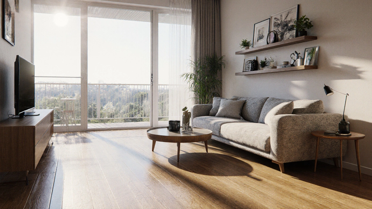 Фотореалистичный рендер готовой гостиной с мебелью и освещением.