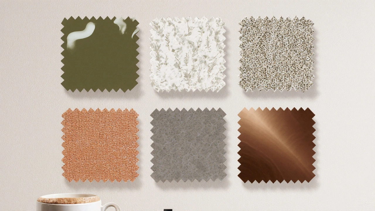 Коллаж из шести типов кухонных обоев: влагостойкие, моющиеся, флизелиновые, тканевые, глянцевые и матовые.