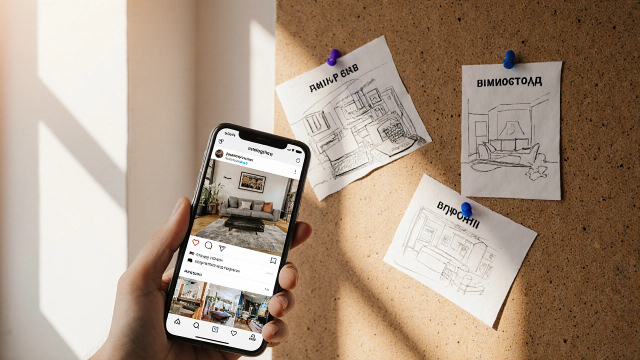 Коллаж: смартфон с Instagram, 3‑D модель комнаты и бумажные доски идей на стене.