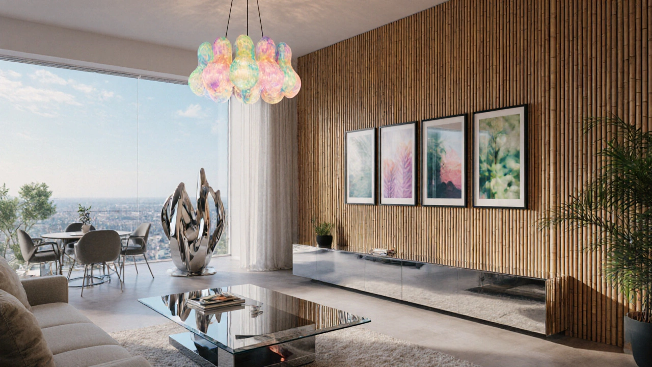 Лофт 2025‑го года с бамбуковыми панелями, интерактивным светильником, металлической скульптурой и группой фотопанно.