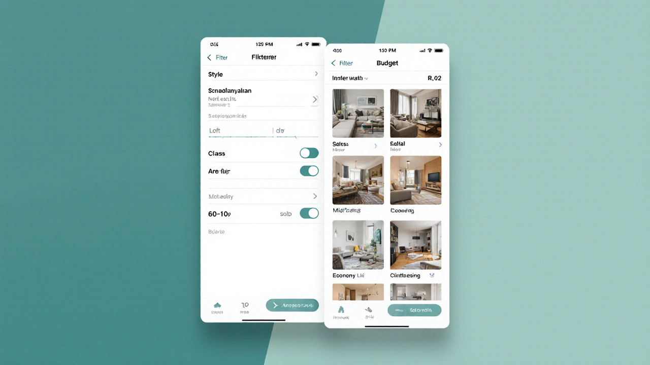 Мобильное приложение: фильтры стилей, площади и бюджета рядом с миниатюрами интерьеров.