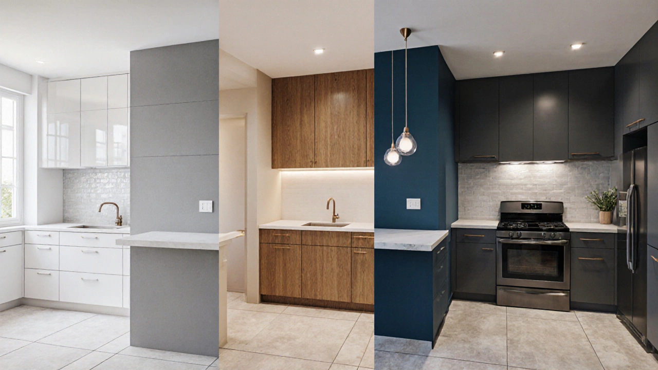 Пять участков кухни, каждый в другом практичном цвете стен: белый, серый, бежевый, темно‑синий, графитовый.