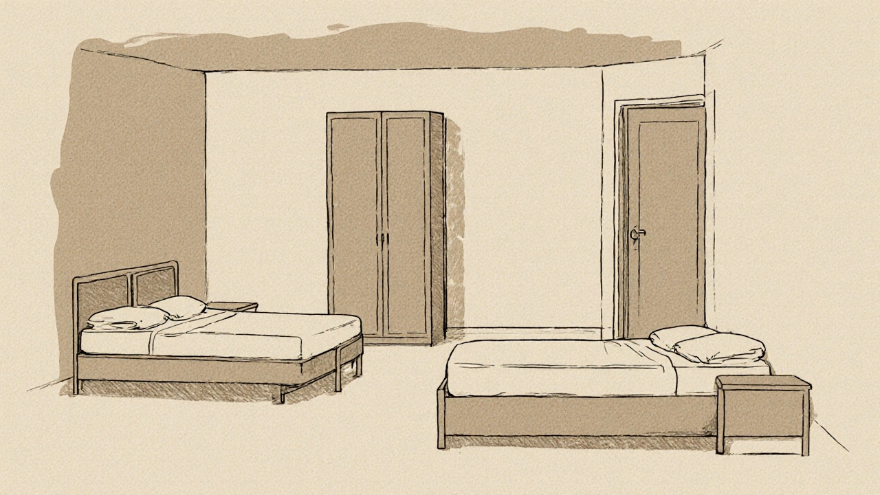 Схема трёх вариантов расстановки кровати в маленькой спальне с дверью по центру.