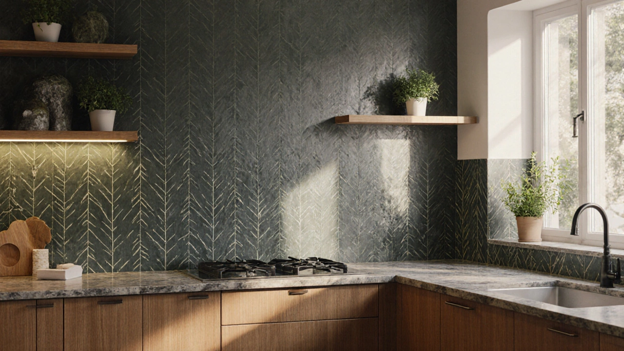 Современная кухня 2024 года с экологичными обоями, подчёркованной землистой цветовой гаммой.