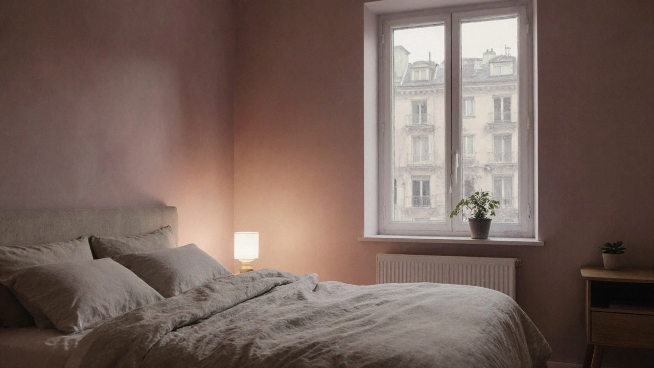 Спальня с пастельно-розовыми стенами, теплым светом и натуральной текстурой постельного белья.