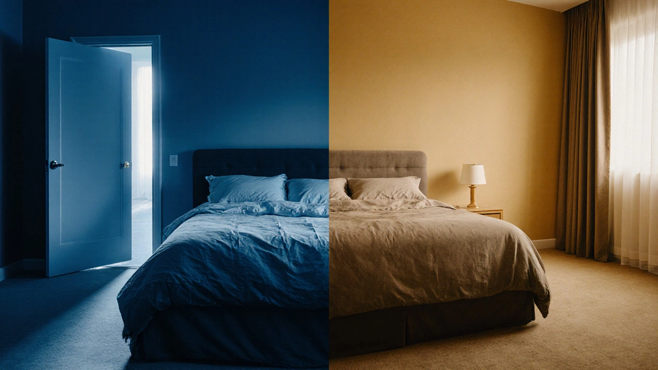 Сравнение двух положений кровати: одна — напротив двери, другая — у стены, показывающее разницу в атмосфере.