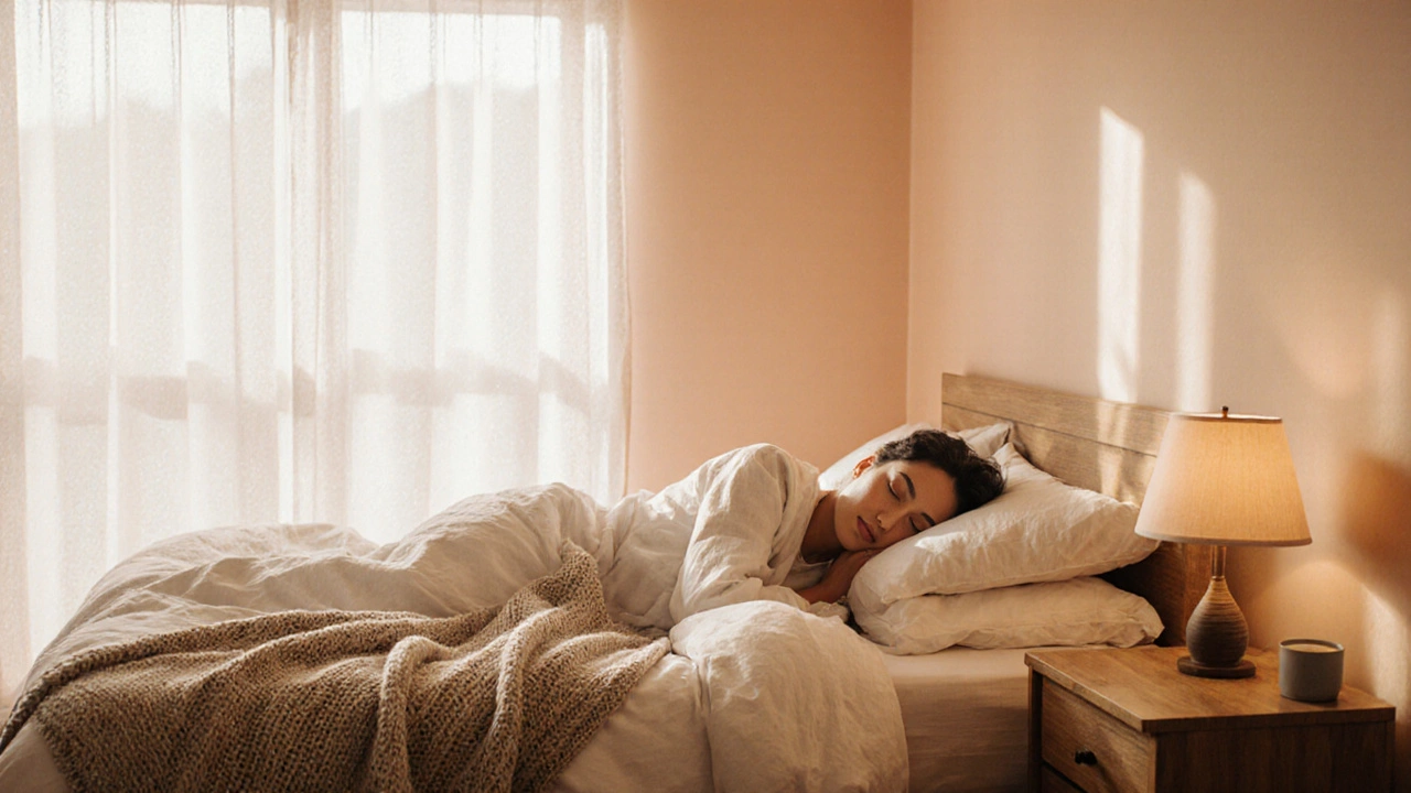 Тёплая спальня в пудрово-бежевых тонах с утренним светом и спящим человеком.