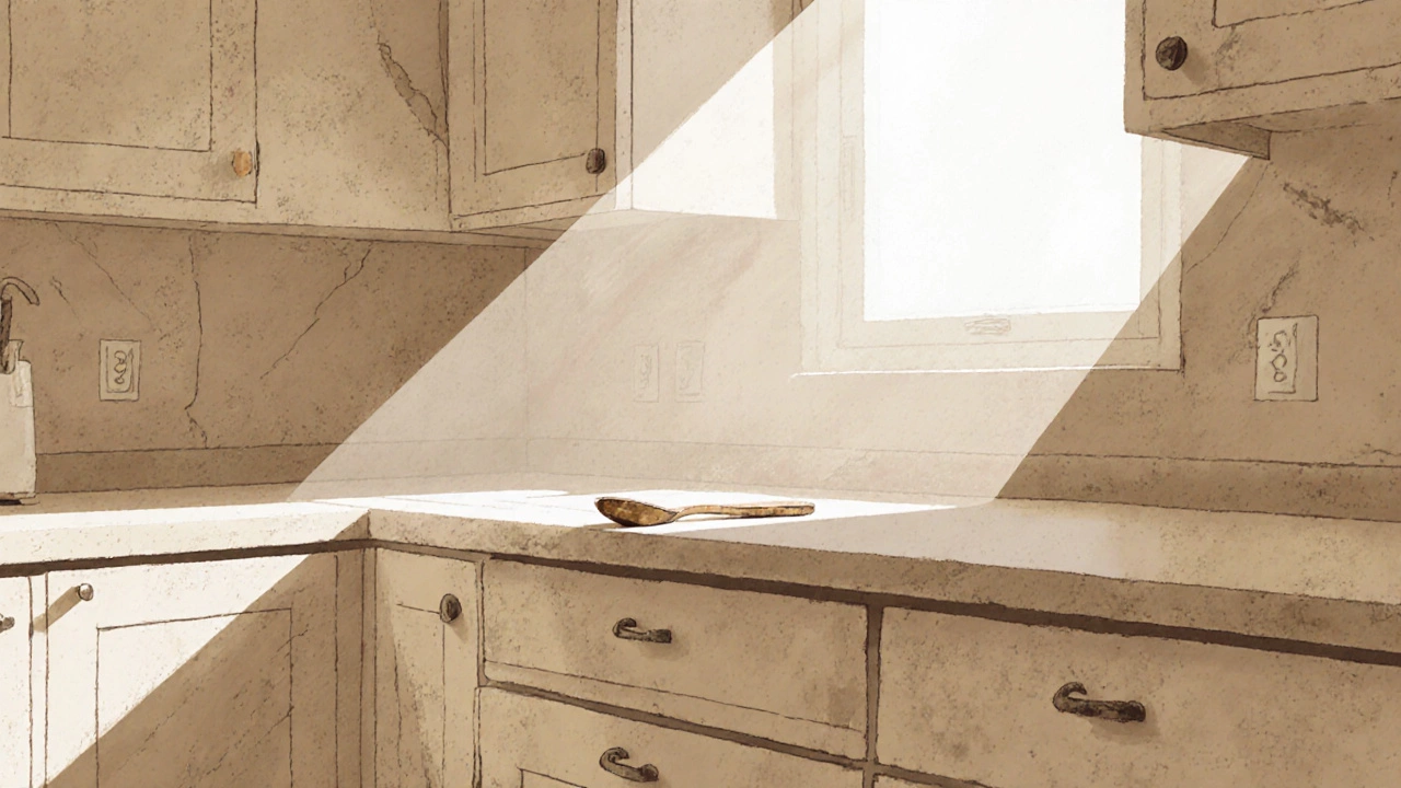 Бежевая кухня с ручной текстурой, утренним светом и деревянной ложкой на столе.