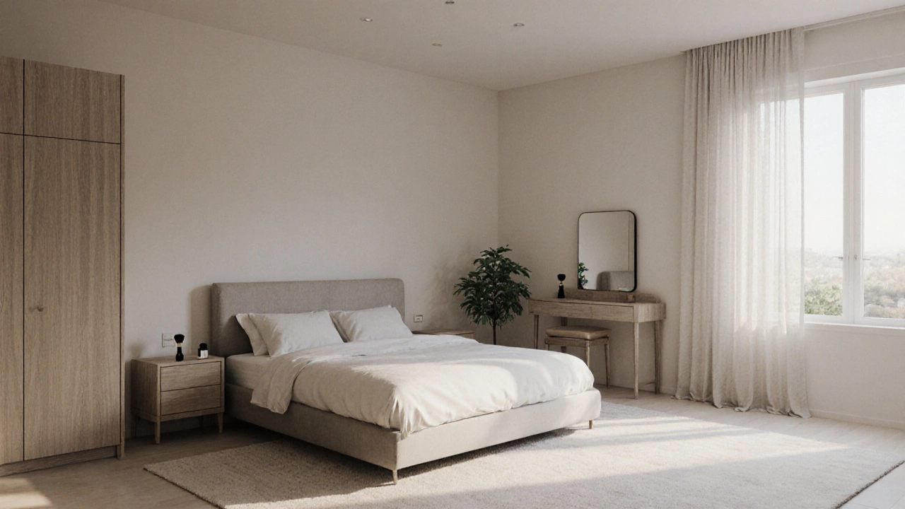 Большая спальня с пятью функциональными предметами мебели, все прижаты к стенам.