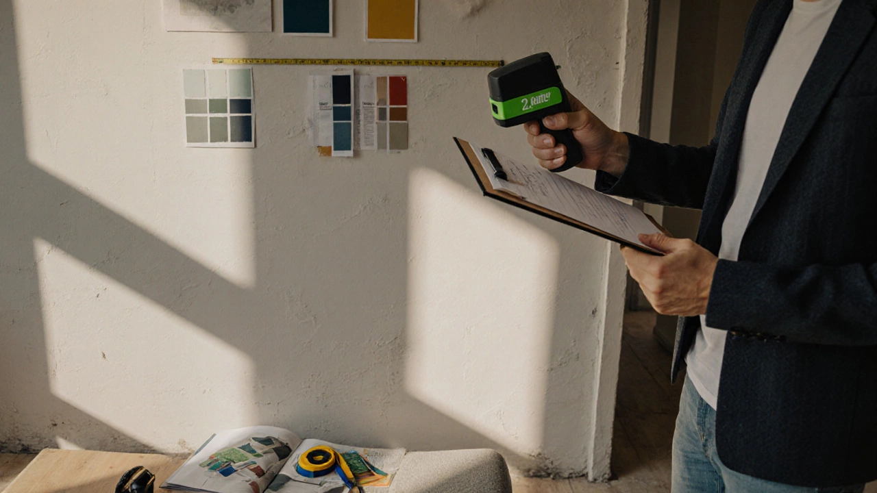 Дизайнер измеряет комнату в Казани, вокруг — образцы тканей, краски и инструменты, утро, естественный свет.