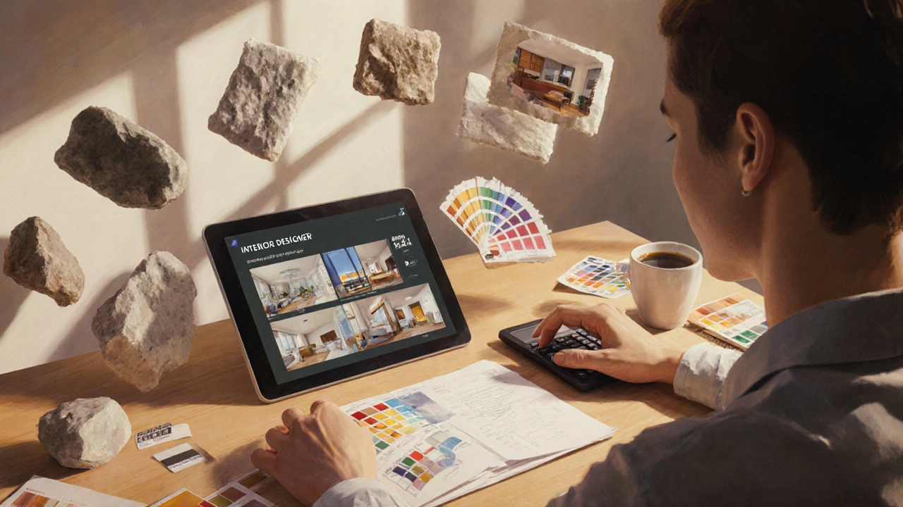 Фрилансер-дизайнер работает с 3D-моделями интерьеров и цветовыми схемами в домашней студии.