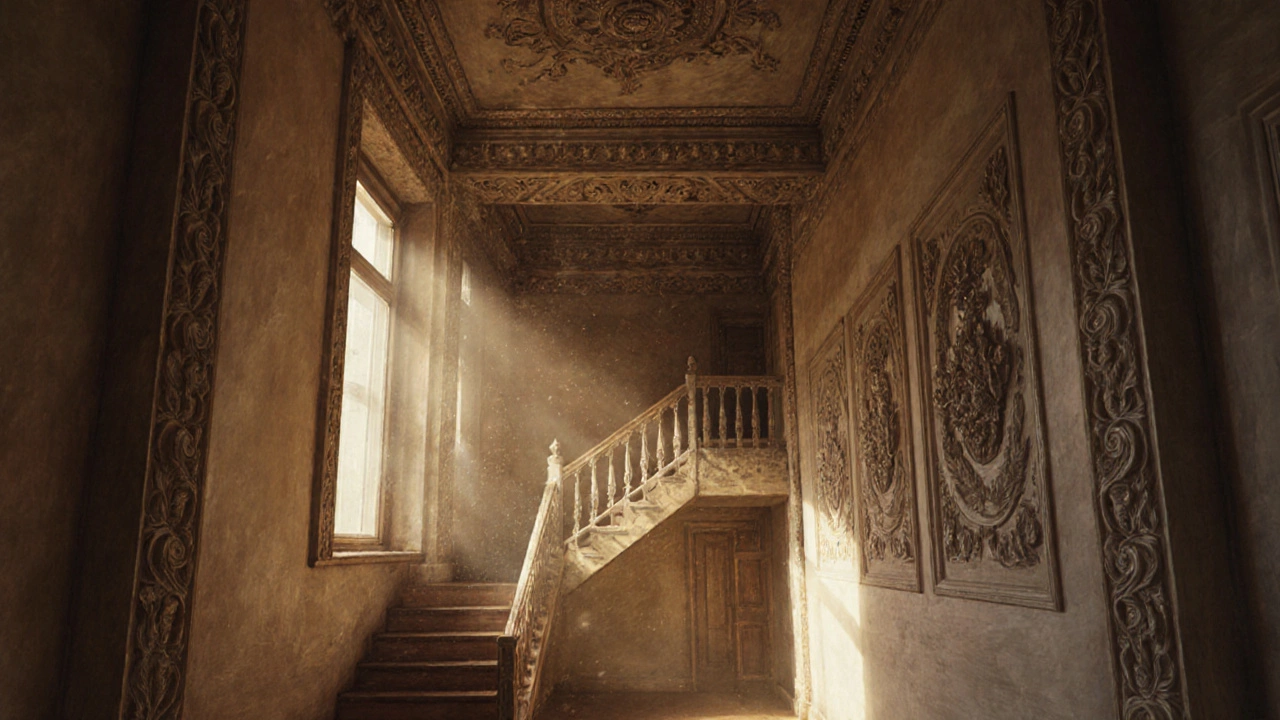 Холл старинного казанского дома с резными карнизами, балясинами и рельефными панелями на стенах.