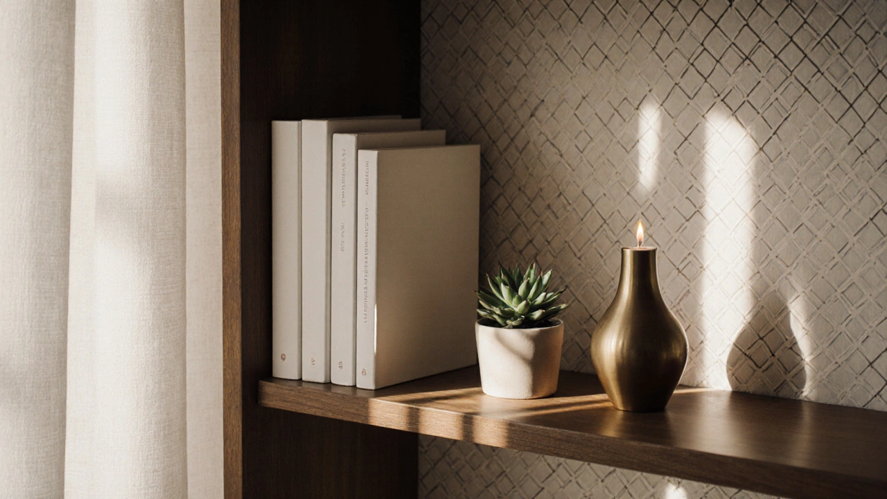 Книжная полка с белыми книгами, керамической вазой, суккулентом и свечой, освещенная естественным светом через тюль.