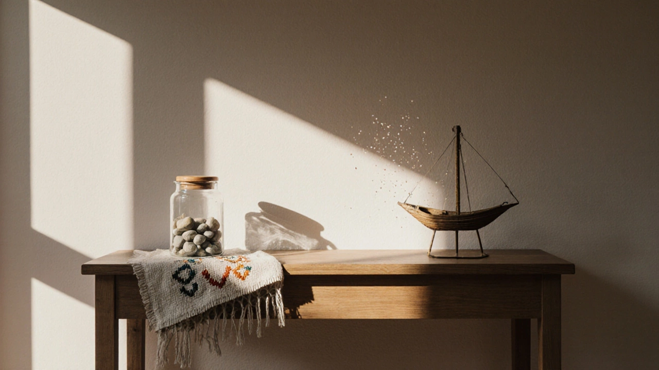 Консоль у входа с морскими камнями в банке и керамическим фонариком в виде лодки.