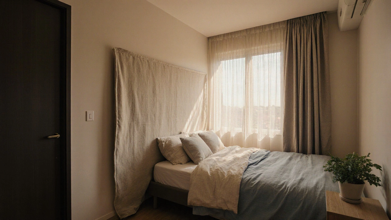 Маленькая спальня с кроватью у стены, легкой занавеской у двери и отсутствием беспорядка под кроватью.