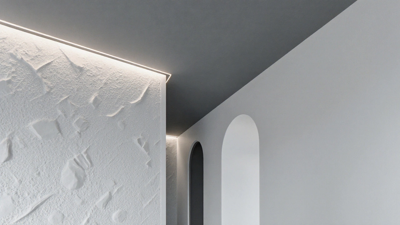 Минималистичная стена с геометрическим рельефом и тонкой металлической линией на потолке, подчеркивающая арку.