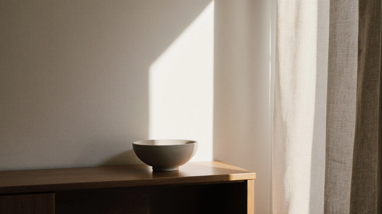Одна керамическая миска на деревянной полке в минималистичной комнате, утренний свет подчеркивает её форму.
