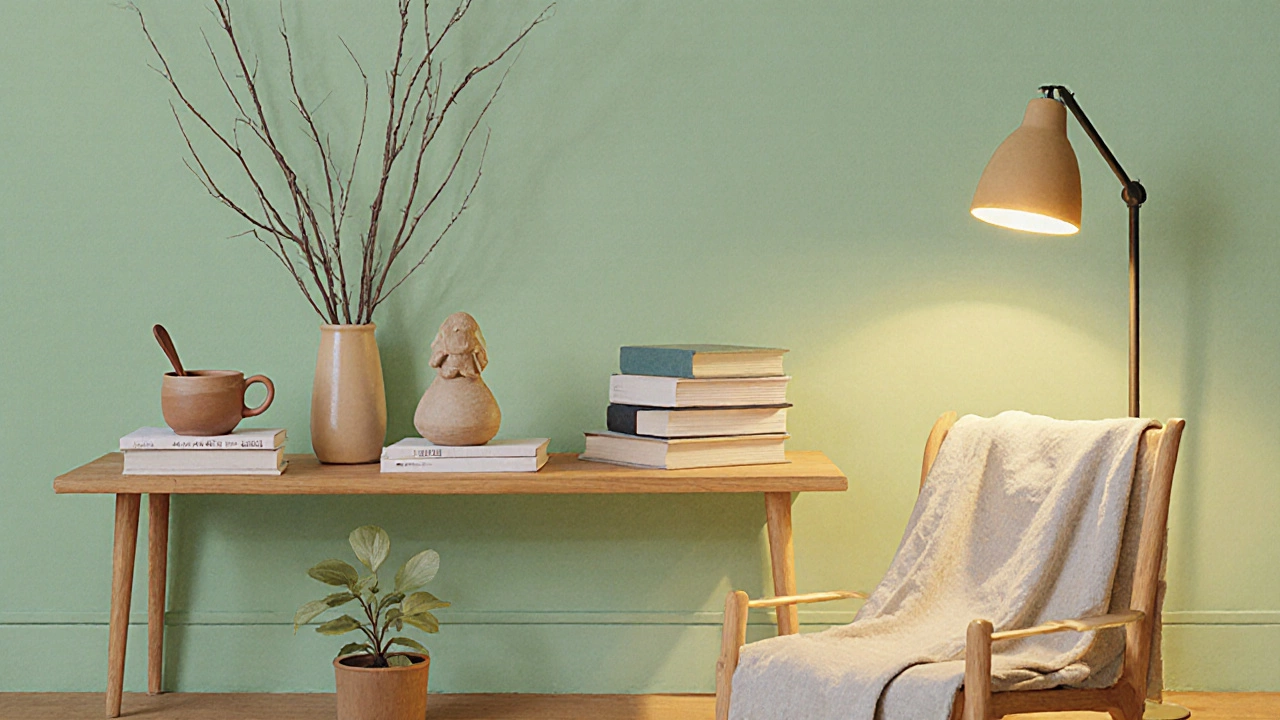 Полка с книгами, глиняной статуэткой, керамической чашкой и сухими ветками в теплом свете, с легким пледом на стуле.