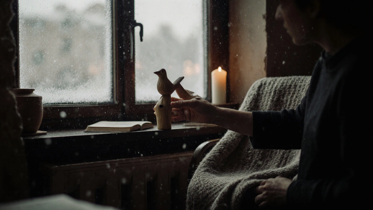 Руки ставят деревянную птичку на подоконник в Казани, за окном — снег, внутри — свечи и плед.