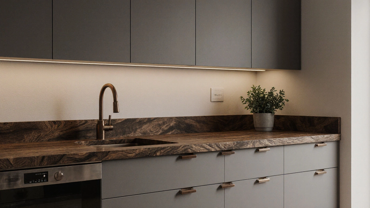 Серая кухня с текстурой под металл, дубовой столешницей и медной фурнитурой.