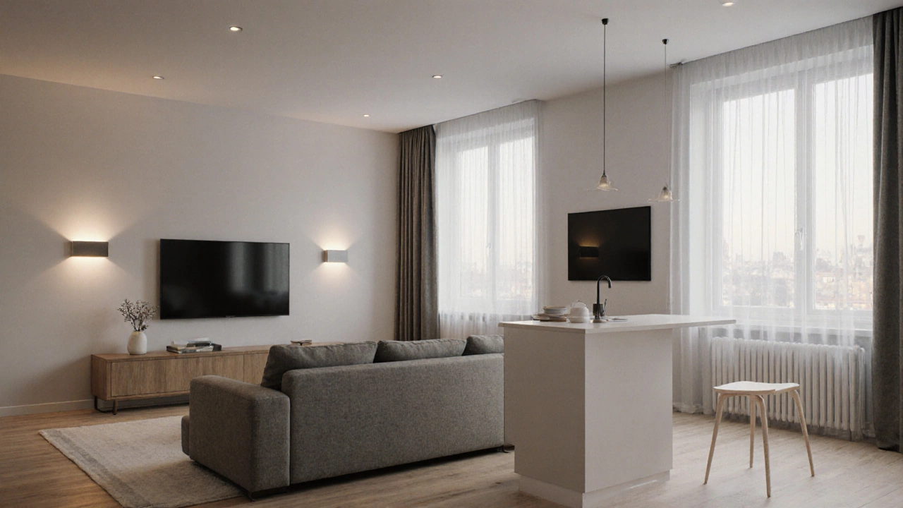 Современная гостиная с точно расставленной мебелью и зонированием пространства.