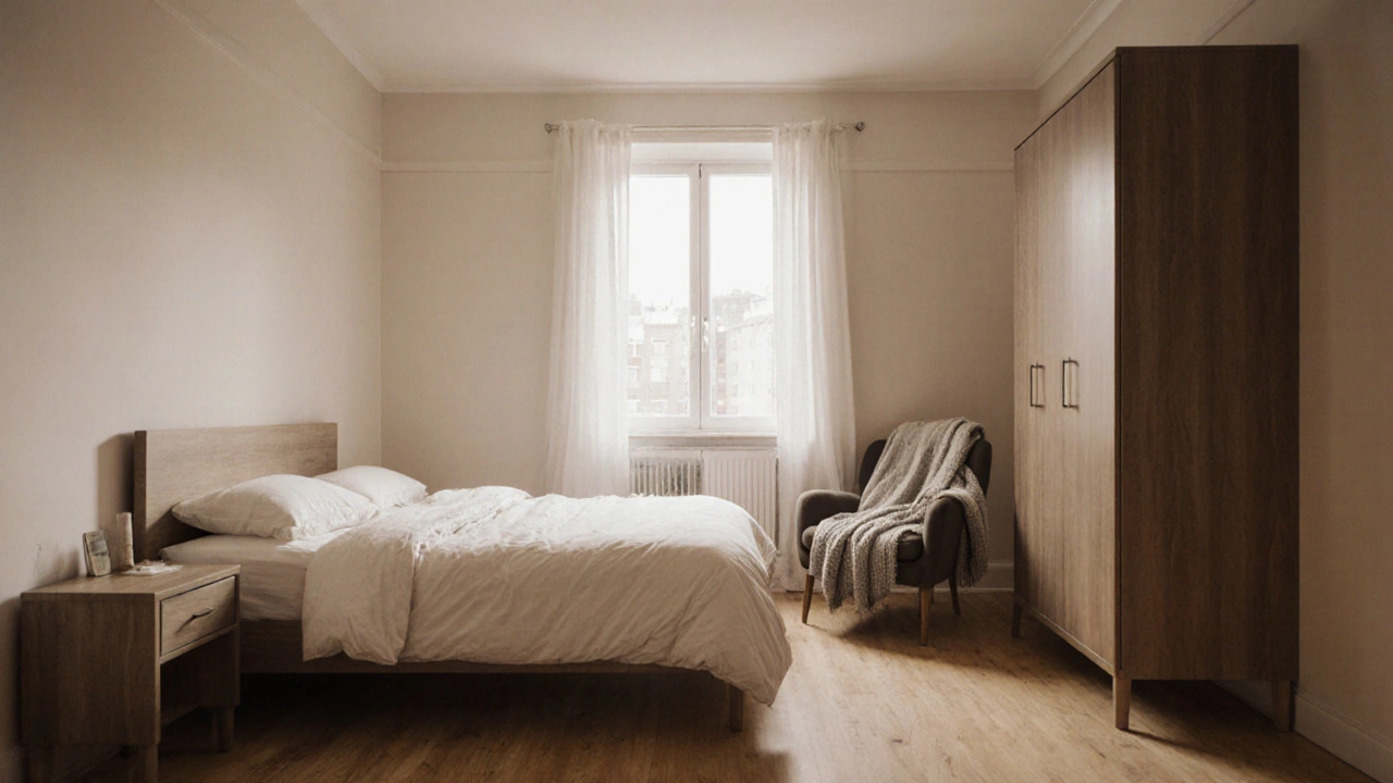 Средняя спальня с кроватью, тумбочкой, шкафом и креслом для чтения у окна.