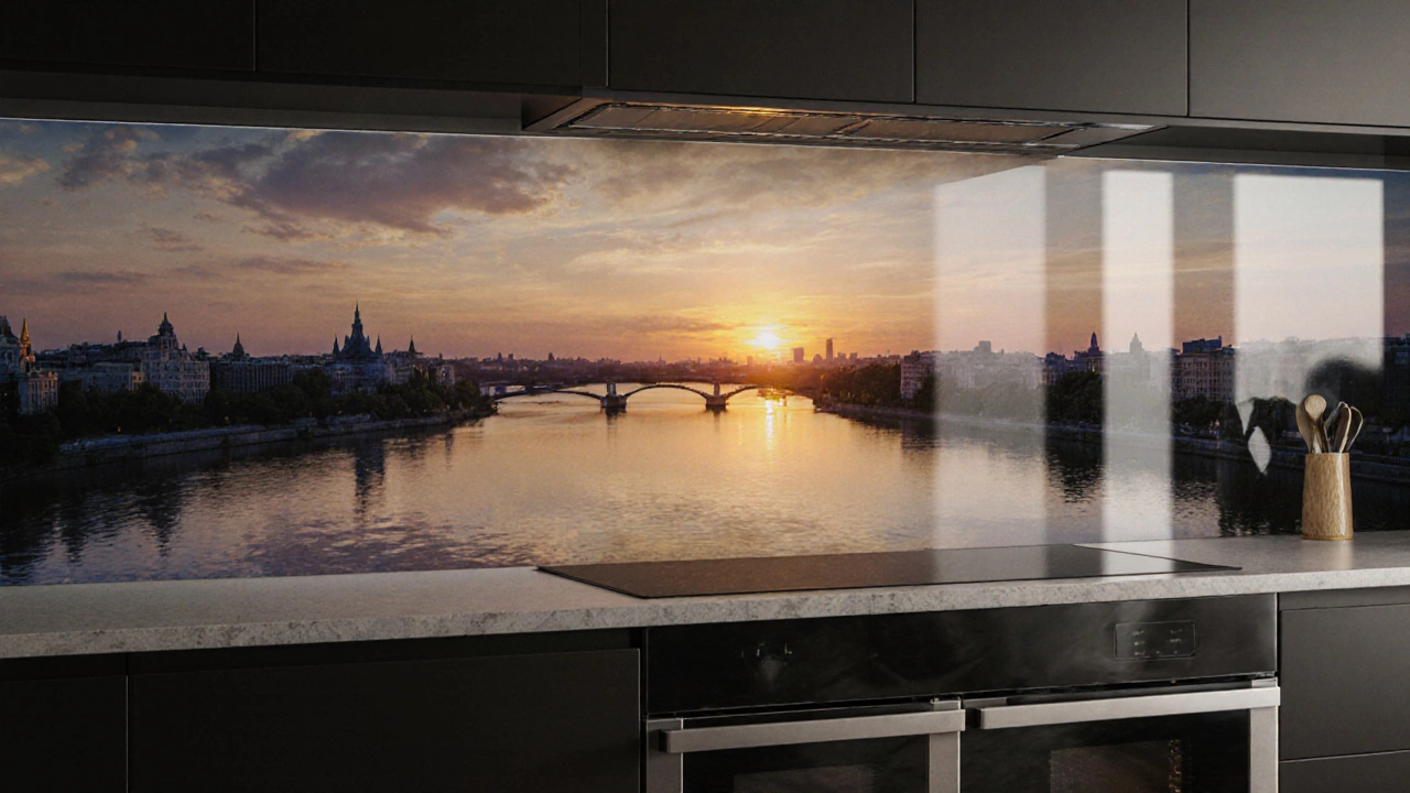 Стеклянный фартук с принтом заката над Волгой, отражающий мягкий вечерний свет в современной кухне.