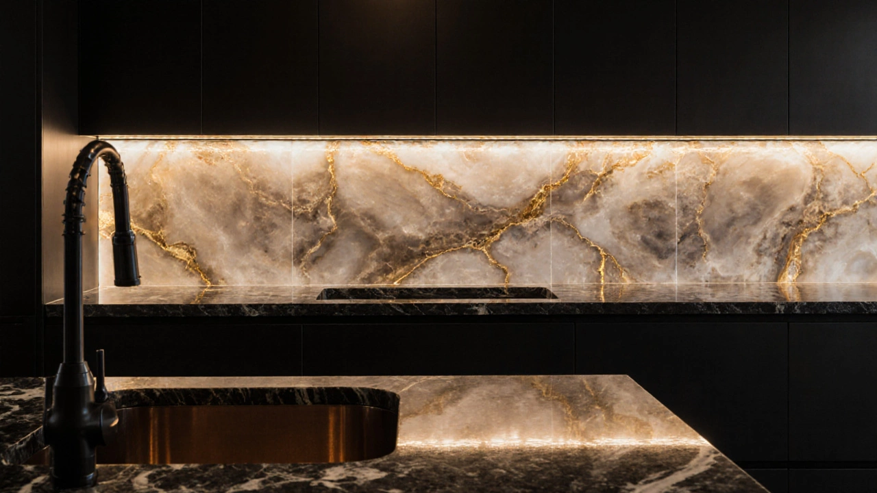 Светящийся фартук из оникса с золотыми прожилками и подсветкой, создавая атмосферу роскоши в кухне.