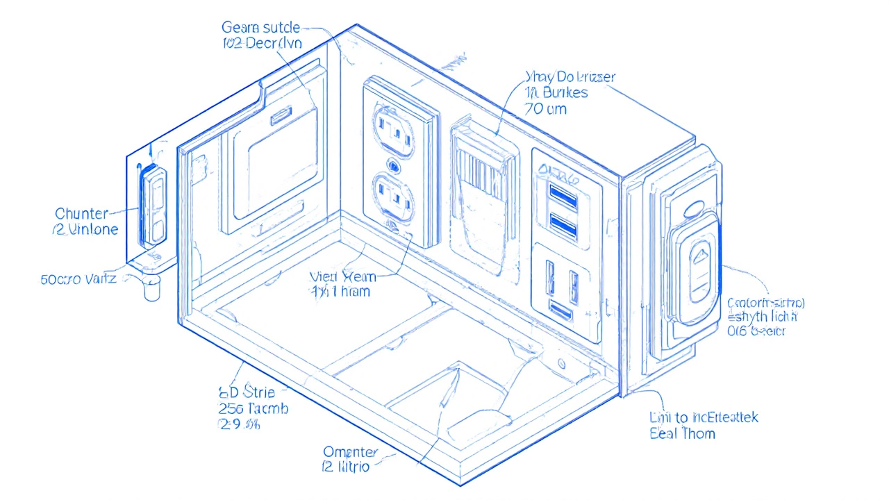 Техническая схема размещения розеток и освещения на кухне с указанием высот и типов.