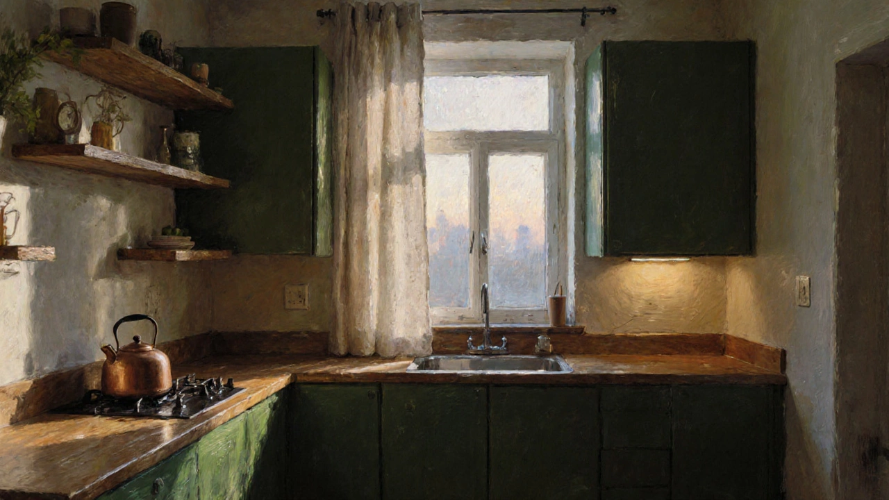 Темно-зеленые кухонные шкафы с дубовыми полками и медным чайником в вечернем освещении.