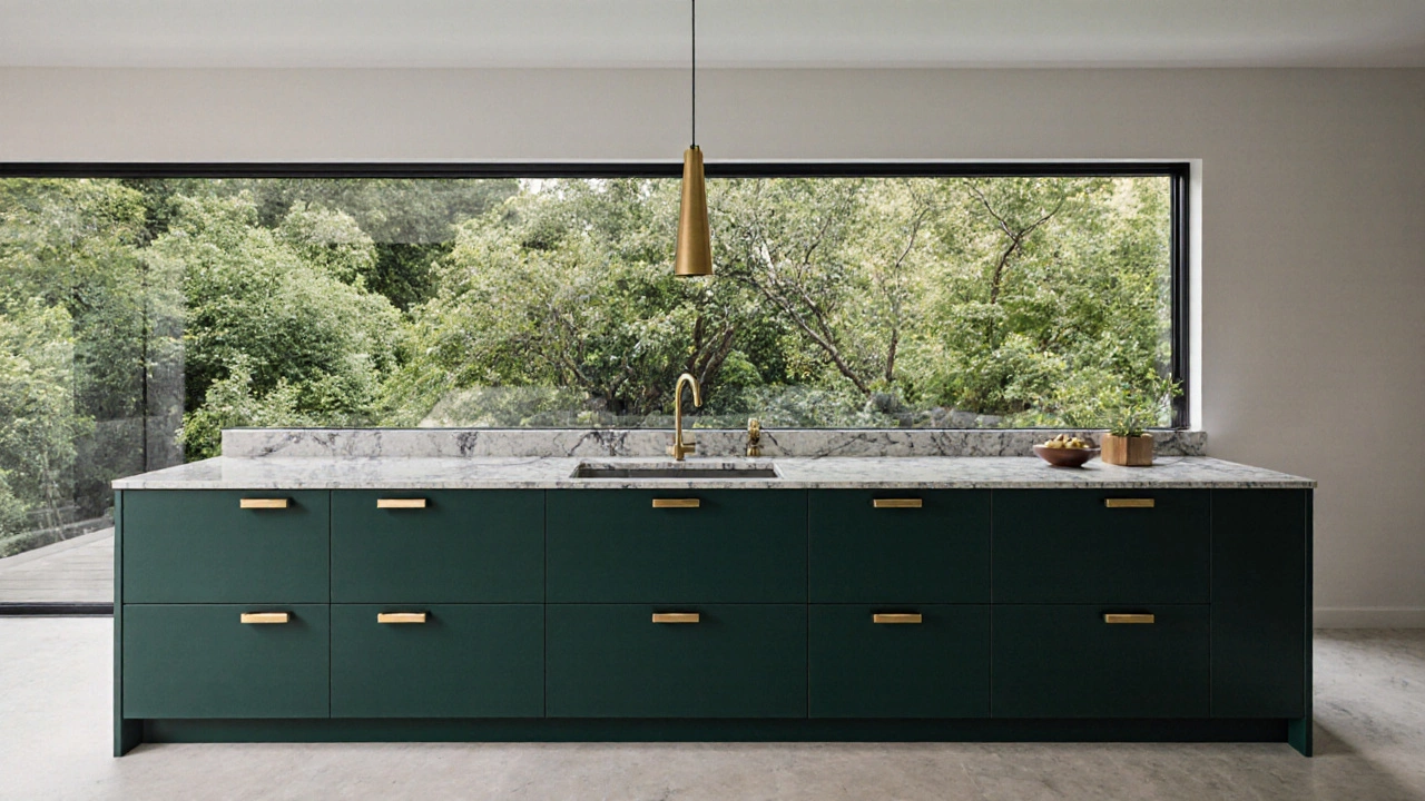 Тёмно-зелёные кухонные шкафы у панорамного окна с видом на деревья и золотой фурнитурой