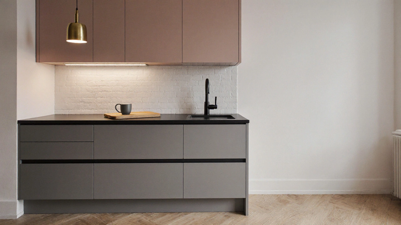 Теплый серый кухонный гарнитур с латунной подсветкой и деревянным полом в маленькой кухне.