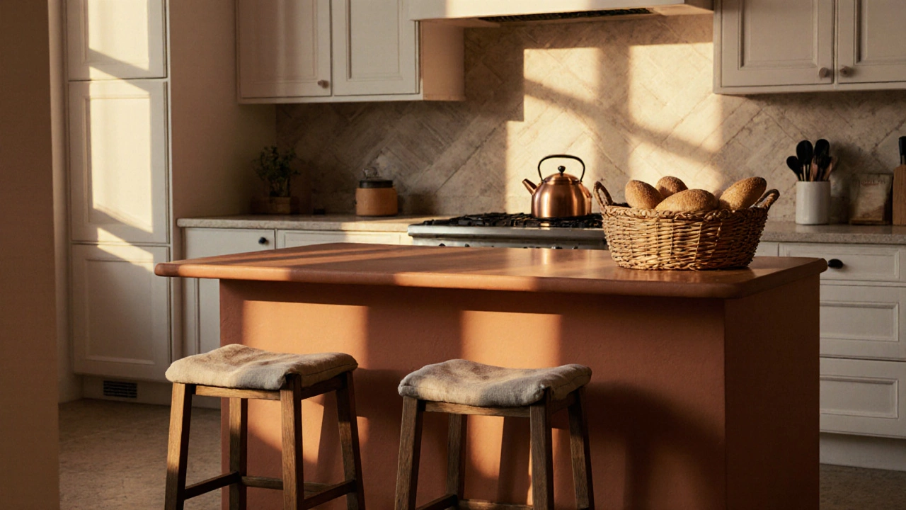 Терракотовый остров на фоне белых шкафов с деревянными стульями и хлебом на столе