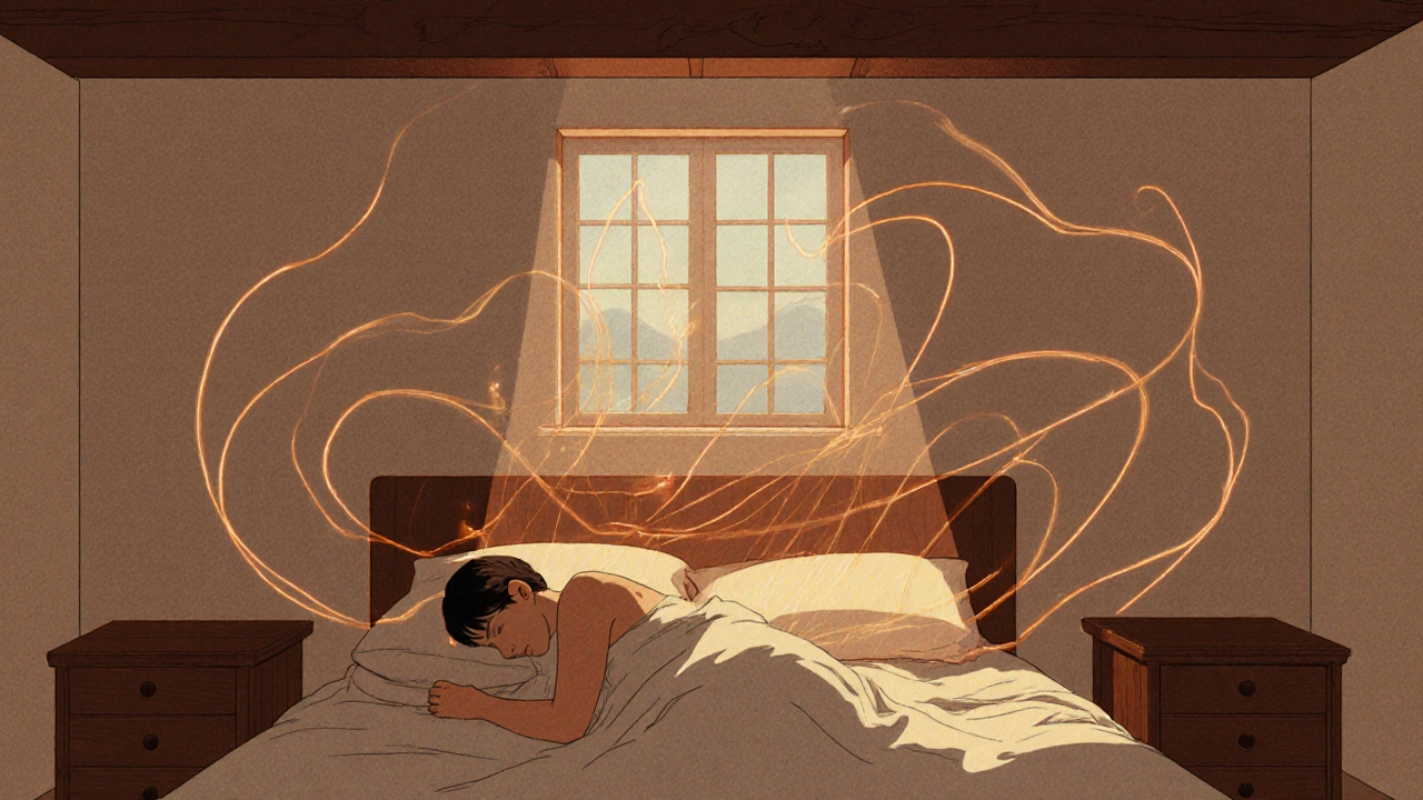 Тонкие энергетические потоки ци обтекают спящего, избегая балки и окна, в спокойных пастельных тонах.