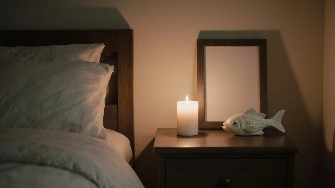 Тумбочка у кровати с керамической рыбкой и свечой в тихом свете.