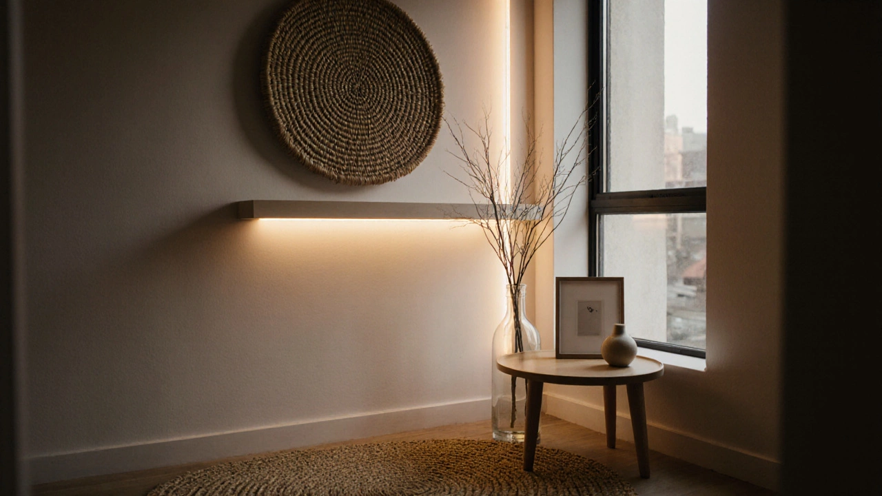 Угол маленькой квартиры с корзиной из ротанга, сухой веткой в вазе и светодиодной лентой, уютно оформленный тканым ковром.