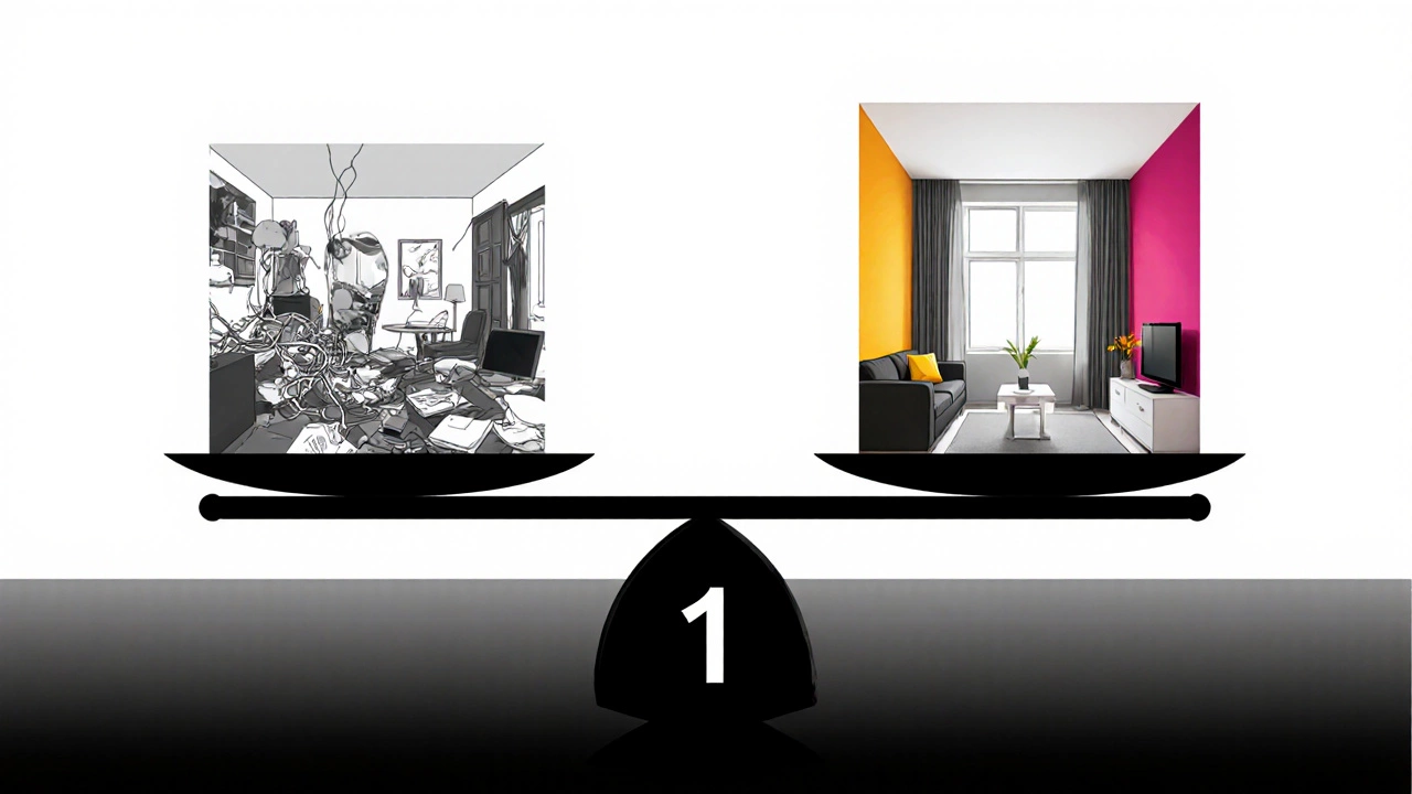 Весы: с одной стороны — хаотичная комната, с другой — упорядоченный интерьер, символизирующий ценность часа дизайнера.