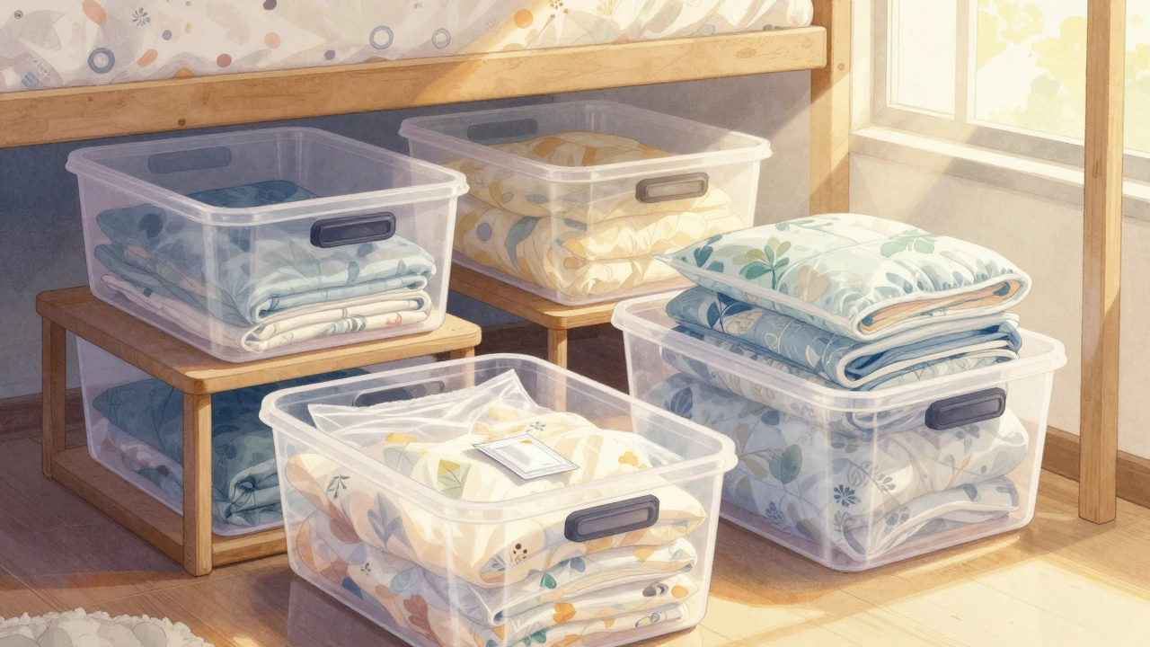 Чистые прозрачные коробки с постельным бельем на подставках под кроватью, с пакетиками силикагеля.