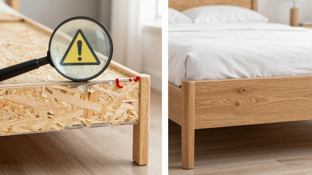 Два каркаса кровати рядом: один из ДСП с вздутием и клеем, другой из натурального дерева с чистыми краями.