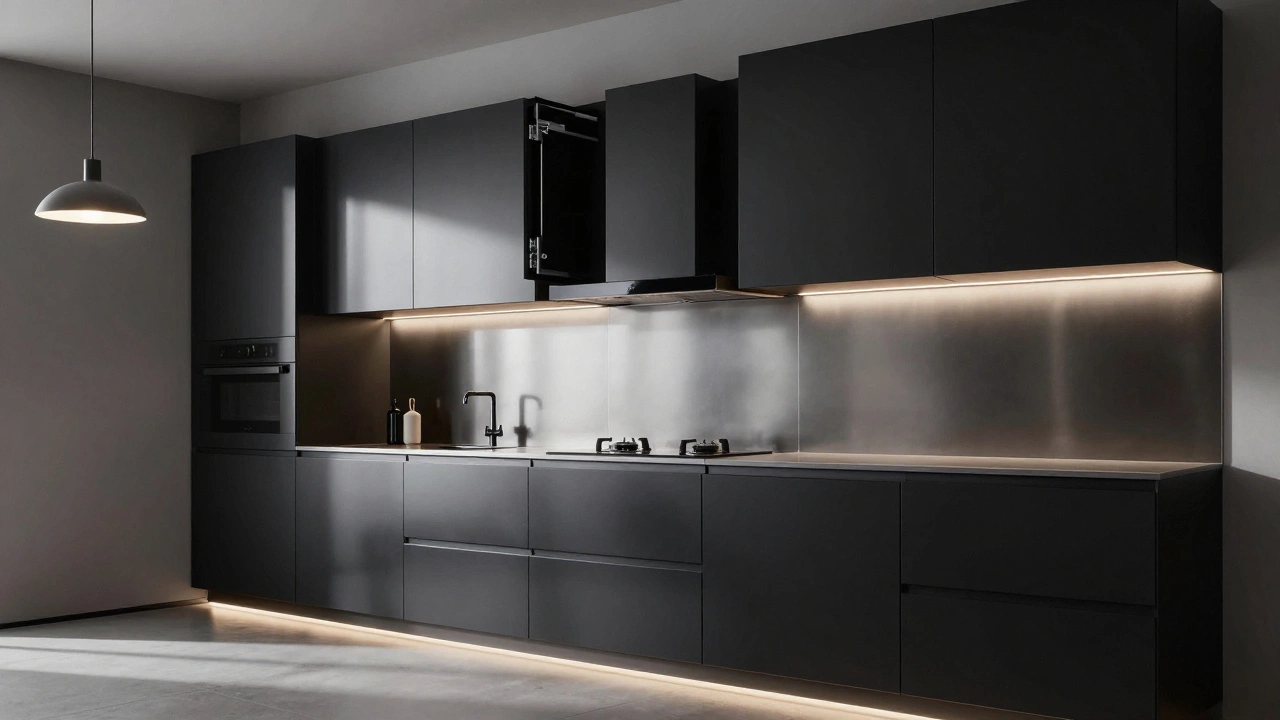 Глянцевые черные фасады с подсветкой и скрытыми механизмами в современной кухне в стиле хай-тек.