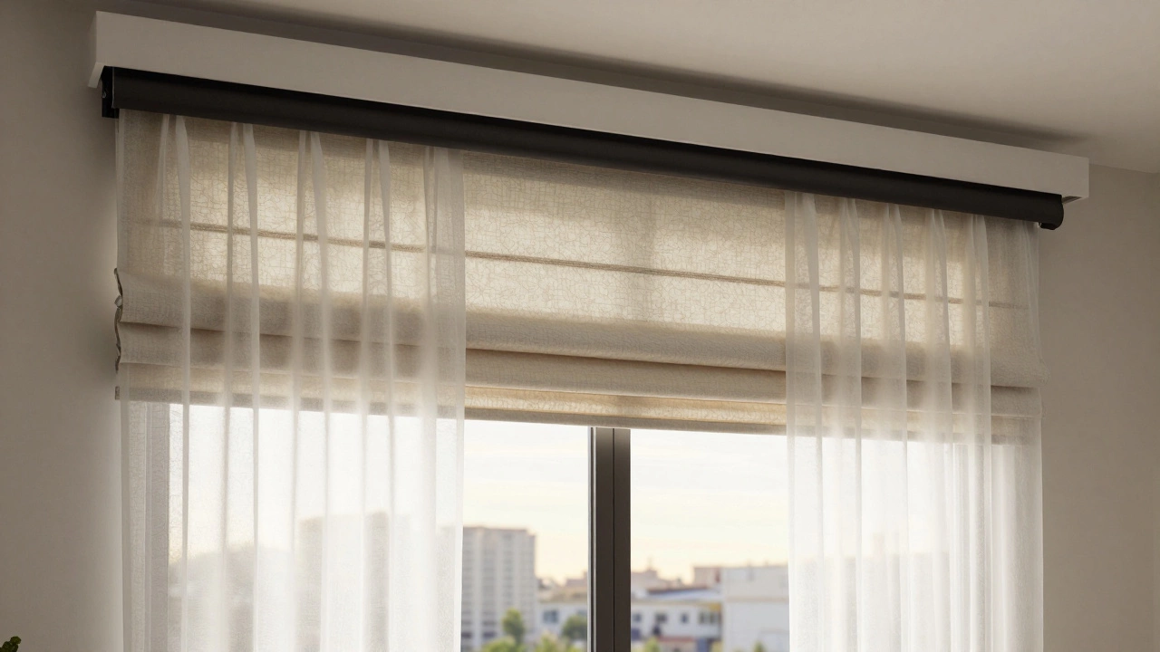 Гостиная с трехслойными оконными решениями: тюль, жаккард и рулонная штора, аккуратно спрятанная в коробе.