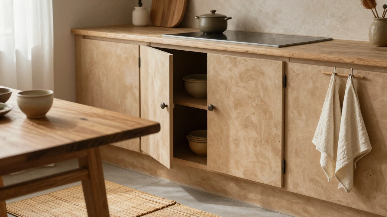 Кухня цвета глины с натуральной деревянной мебелью, керамикой и бамбуковыми ковриками в естественном свете.