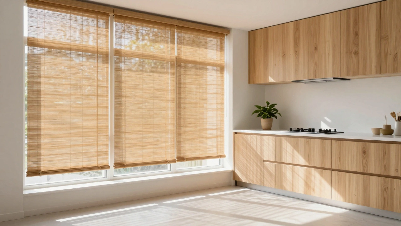 Кухня с бамбуковыми жалюзи, фильтрующими солнечный свет на белых поверхностях и деревянной мебели.