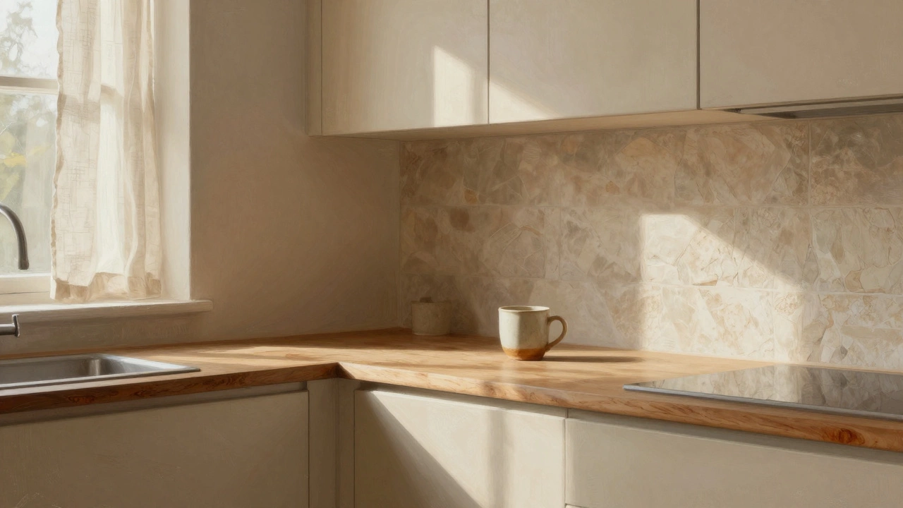 Кухня в тёплом бежевом цвете с деревянной столешницей и льняными шторами, освещённая утренним солнцем.