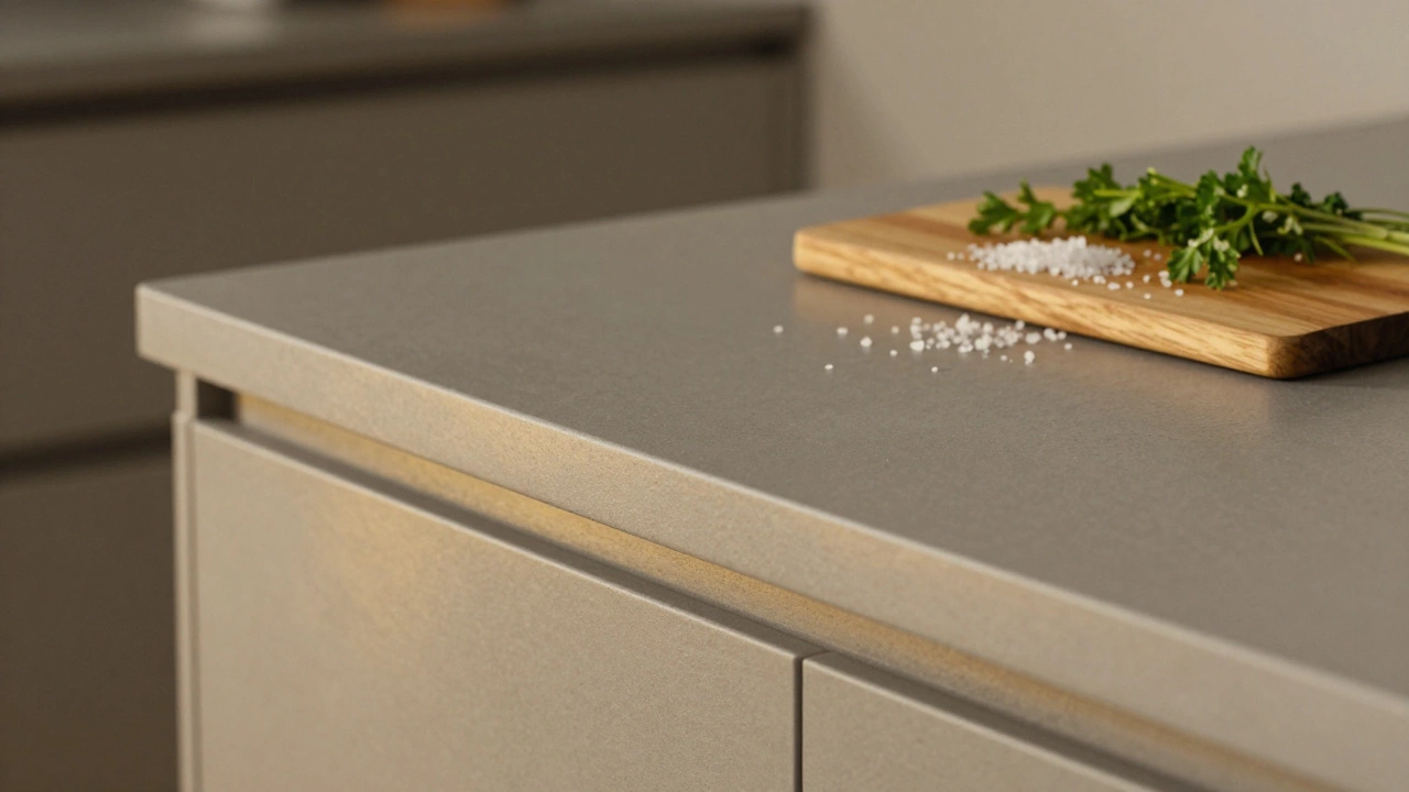 Матовая серая столешница с золотистым оттенком, деревянная доска и травы под тёплым светом.